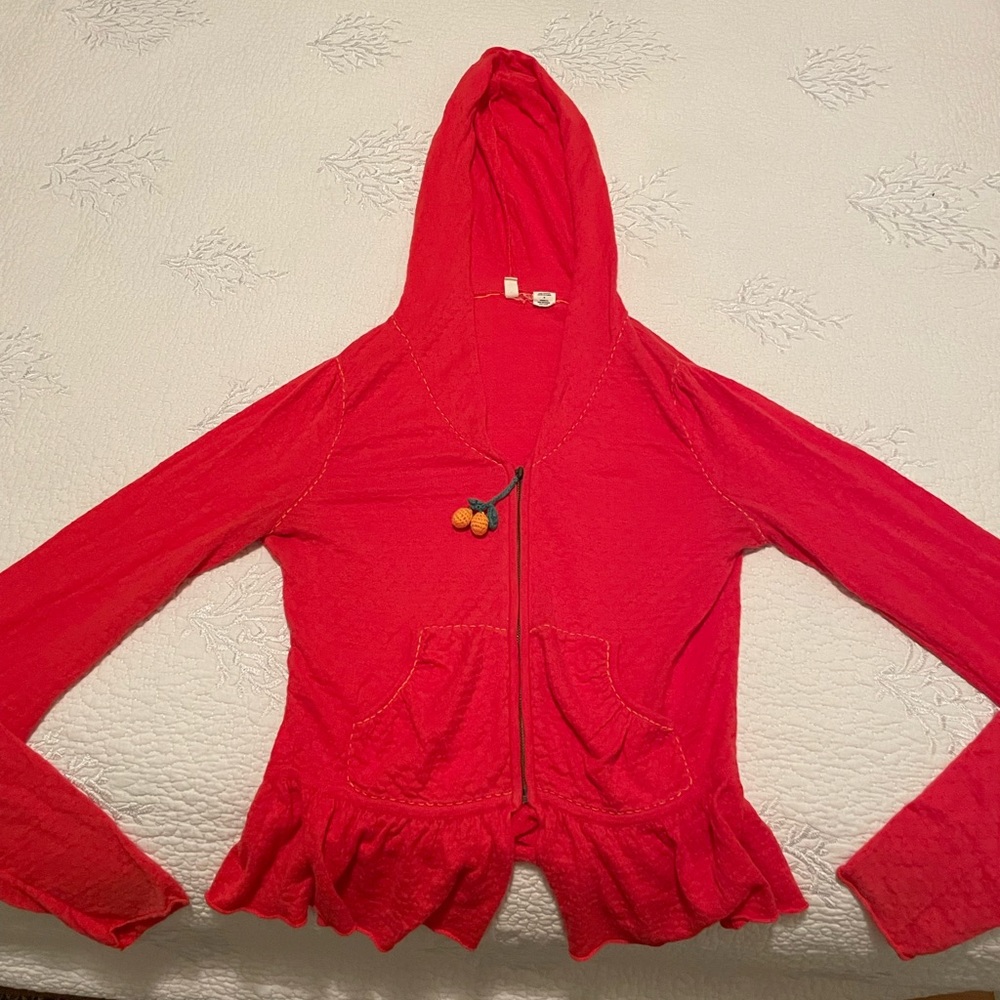 Cute vintage Anthropologie hoodie cardigan with knit cherry zipper